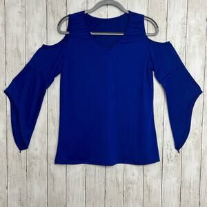 2000s Blue Bell Sleeve Cold Shoulder V Neck Flowy Long Sleeve Shirt Small